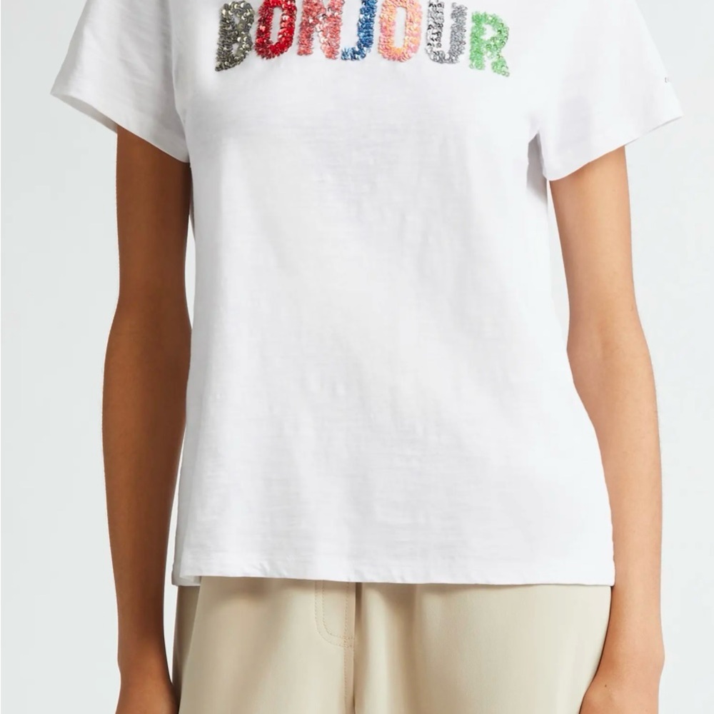 White Bonjour Sequin T-Shirt